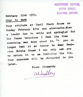 Feb 23rd 1974 Letter from Arnold Woodley to all his team
