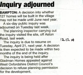 Witney Gazette December 12th 2014. A descision into whether 127 homes will be built in Bampton ma...