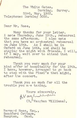Letter from R. Vaughan Williams to Bernard Rose, 1952