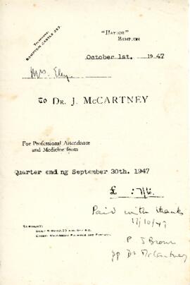 Invoice to Mr & Mrs Eley from Dr McCartney Oct 1st 1947
