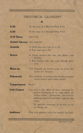 Barnet's Folly March 10th, 11th & 12th 1937 Program. Theatrical Glossary