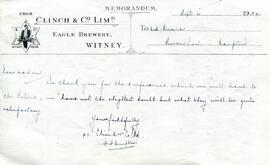 Letter dated September 6th 1932 from Clinch & Co Ltd brewery to Mrs Bunce at The Swan Inn, Bu...