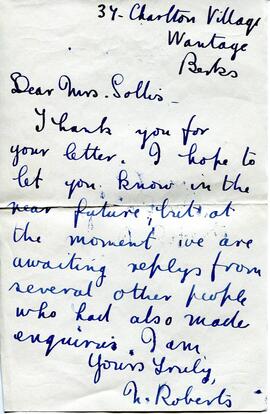 Letter from a Mrs Roberts in Wantage to Mrs Sollis. It looks as if Mrs Sollis has shown interest ...