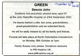 Dennis John Green Death Announcement 2021 in the Witney Gazette