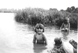 Janet and Jean Elward swimming at Sandy Beach on the Thames 1950