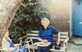 Mrs Marjorie Bullen on the bench, Wendy Crowley on the left.  1985