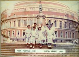Francis Shergold's Morris team outside Royal Albert Hall 1981 where they danced