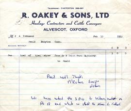 An invoice from R Oakey & Sons Ltd Haulage Contractors and Cattle Conveyors.