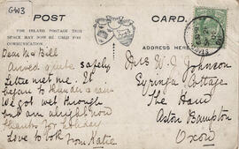 Postcard (back) to Mrs W J Johnson September 28th 1905. Picture of Town Hall, Drapers & Talbot