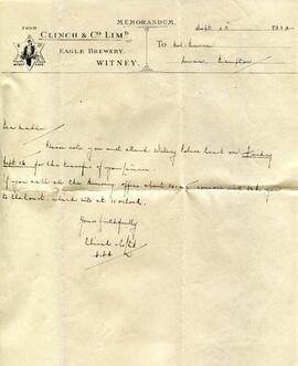 Letter dated September 15th 1932 from Clinch & Co Ltd brewery to Mrs Bunce at The Swan Inn, B...