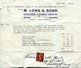 Invoice from M Long & Sons funeral directors to Mr Alex Townsend for Mrs Elizabeth Townsend's...