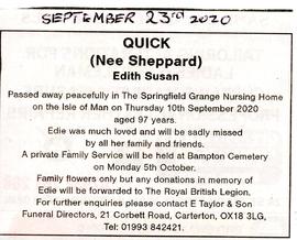 Death of Edith Susan Quick nee Sheppard Sept 10th 2020