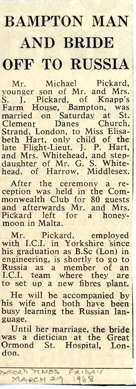 Michael Pickard M Elizabeth Hart. Oxford Times Fri March 29Th 1968