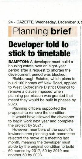 Witney Gazette December 3rd 2014.  Richborough Estates have to stick to the 8-year build period o...