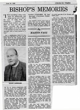 Bishop Burrough's memories. Newspaper cutting June 24th 1988. 'Angels Unawares' is a book written...
