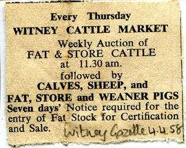 Newspaper clipping advertising the weekly cattle market held in Witney