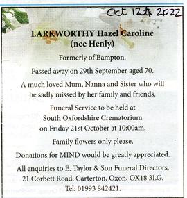 Death of Hazel Caroline Larkworthy (nee Henly)