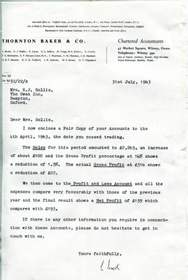 Letter dated July 31st 1963 from Thornton Baker & Co chartered accountants to Mrs Sollis at T...