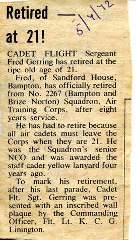 Cadet Flight Sergeant Frederick Gerring retired at 21 July 5th 1972
