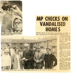 Douglas Hurd MP looks at vandalised ministry of defence houses Friday Sept 7th 1984