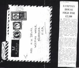 Envelope of letter to Mrs H W Bruns, USA & cutting re sale of Sandfords