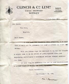 Letter dated August 31st 1932, from Clinch & Co Ltd Eagle Brewery Witney to Mrs Bunce at The ...