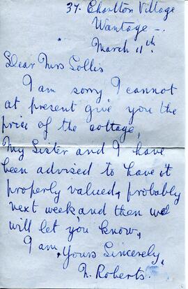 Another letter from a Mrs Roberts in Wantage to Mrs Sollis. It looks as if Mrs Sollis has shown i...