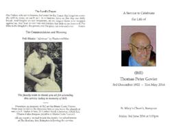 Funeral program for Thomas Peter 'Bill' Govier Dec 3rd 1932 - May 21st 2016
