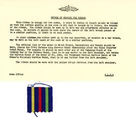 Instructions for wearing the ribbon; WWII medal