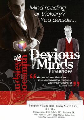 Poster for a play called Devious Minds in the Village Hall March 15th 2014.