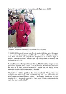 Vera Elward aged 92 takes microlight flight to raise funds for St Mary's church organ