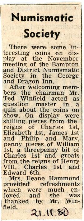 Numismatic Society Nov 21St 1980