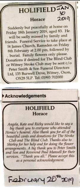Death of Horace Holifield Jan 18th 2019