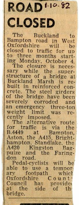 Oct 1St 1982 Buckland Rd To Be Closed For 3 Months To Repair Bridge At Buckland Marsh