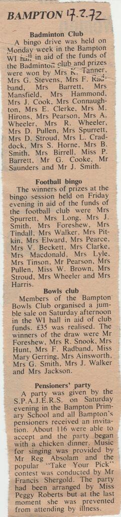 1972 Badminton Club, Spajers, Football Bingo, Bowls Club
