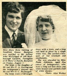 Newspaper cutting re the wedding of Mary Rose Gerring of Sandford House and Jeffrey John Mcdougal...