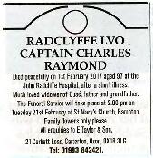 Captain Charles Raymond Radclyffe LVO died February 1st 2017