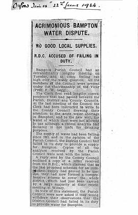 Newspaper cutting Oxford Times June 22nd 1934 'Water Dispute'. There was an extreme water shortag...