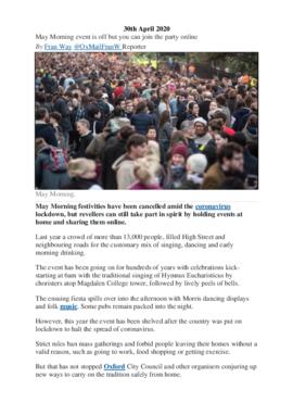 Covid:  May Morning Magdalen College Tower Event  Cancelled