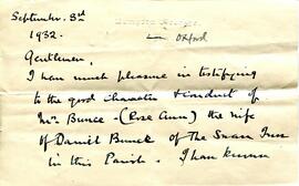 Letter dated September 3rd 1932 from vicar F W Gegg, Bampton vicarage, giving reference for Rose ...