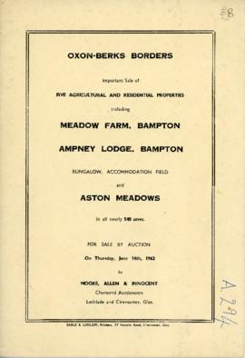 Sale brochure: Meadow farm; Ampney Lodge; Bungalow; Pasture field; Aston Meadows.  June 14th 1962