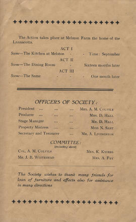 Barnet's Folly March 10th, 11th & 12th 1937 Program, the three scenes. Officers, Committee
