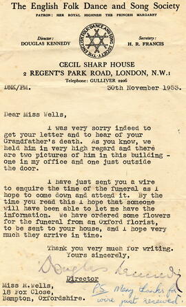 Bampton Traditional Morris Men,  Letter re: Jingy Wells Death