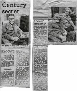 Newspaper clippings 1977. Mr Oswald Bartlett of Field Cottage (by Sandfords field) is 100 years old.