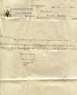 Letter dated September 16th 1932 from Clinch & Co Ltd brewery to Mrs Bunce at The Swan Inn, B...