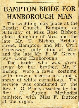 Newspaper cutting re the wedding of Miss Rose Bishop and Mr Cyril Greenway.