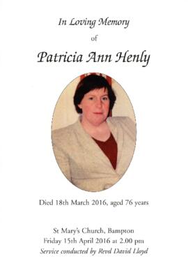 Death of Patricia Ann Henly March 18th 2016