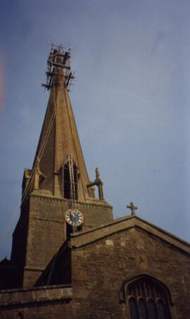 Repair of the church spire, re-guilding of the cockerel weather vane 1994