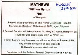 William Hylton Matthews Death Announcement 2021 in Witney Gazette
