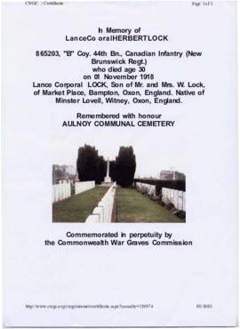 Herbert Lock, Lance Corporal, buried at Aulnoy Communal Cemetery.  WWI